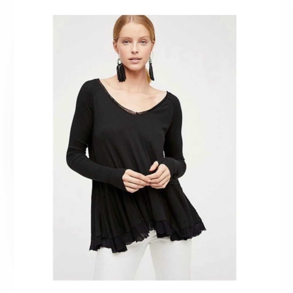 We The Free Black Deep V Neck Peplum Blouse Top Shirt Womens Size Medium